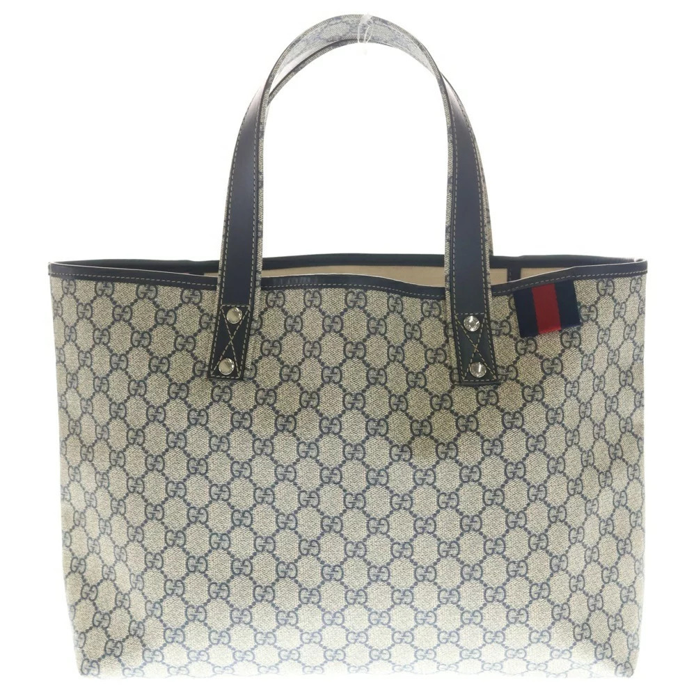GUCCI GG Supreme Tote Bag Handbag Beige Navy Blue Leather
